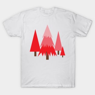 Pine trees on the hill in reds and pinks T-Shirt